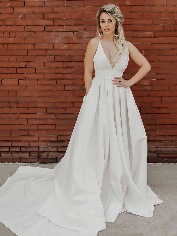 Ball Gown V-neck Silk-like Satin Court Train Wedding Dresses With Pockets #UKM00023805