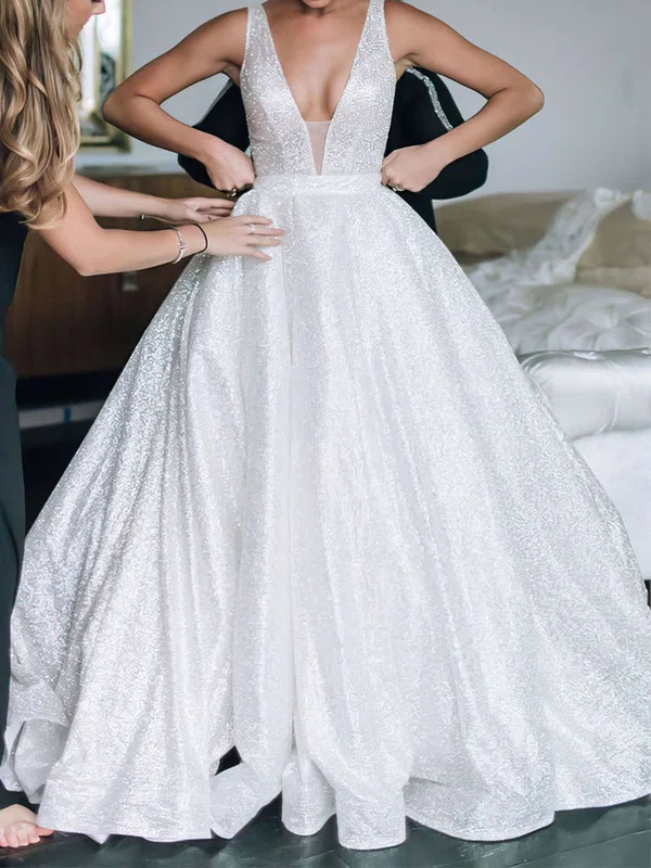 Ball Gown/Princess V-neck Glitter Court Train Wedding Dresses With Beading #UKM00023806