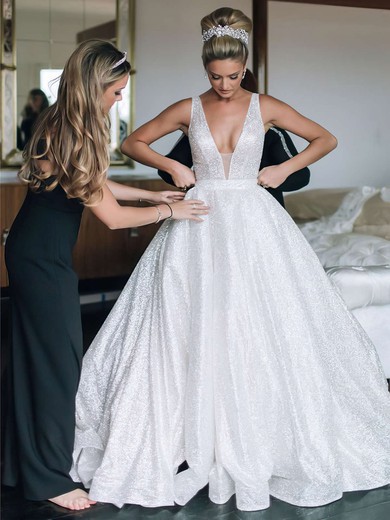 Ball Gown V-neck Glitter Court Train Wedding Dresses With Beading #UKM00023806
