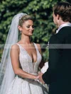 Glitter V-neck Ball Gown Court Train Beading Wedding Dresses #UKM00023806