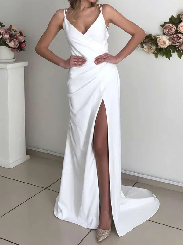 Sheath/Column V-neck Silk-like Satin Sweep Train Wedding Dresses With Split Front #UKM00023807