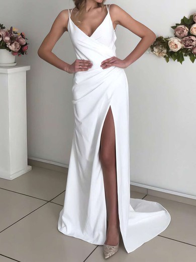 Sheath/Column V-neck Silk-like Satin Sweep Train Wedding Dresses With Split Front #UKM00023807