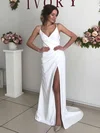 Sheath/Column V-neck Silk-like Satin Sweep Train Wedding Dresses With Split Front #UKM00023807