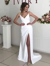 Silk-like Satin V-neck Sheath/Column Sweep Train Split Front Wedding Dresses #UKM00023807