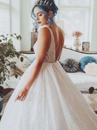 Ball Gown V-neck Glitter Court Train Wedding Dresses #UKM00023809