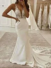 Satin Tulle V-neck Trumpet/Mermaid Sweep Train Appliques Lace Wedding Dresses #UKM00023814