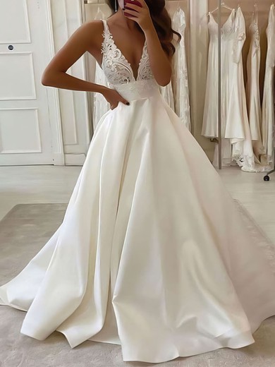 Ball Gown/Princess V-neck Satin Court Train Lace Wedding Dresses #UKM00023815