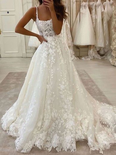 Ball Gown/Princess Square Neckline Tulle Court Train Beading Wedding Dresses #UKM00023816