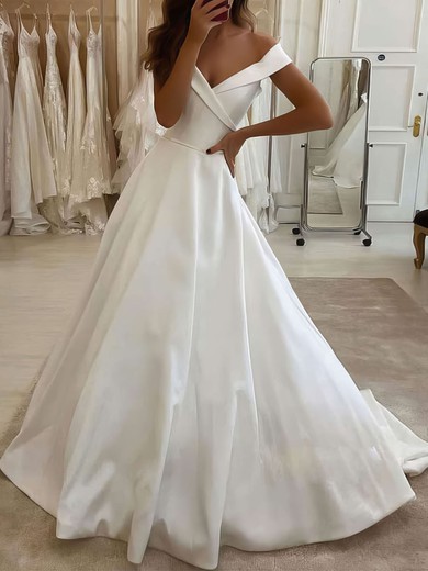 Ball Gown/Princess Off-the-shoulder Satin Court Train Wedding Dresses #UKM00023817