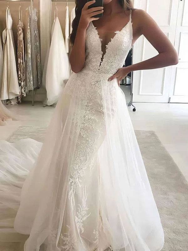 Tulle V-neck Trumpet/Mermaid Detachable Beading Wedding Dresses #UKM00023819