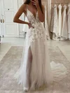 Tulle V-neck A-line Sweep Train Appliques Lace Wedding Dresses #UKM00023821