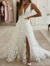 Tulle Stretch Crepe V-neck A-line Sweep Train Split Front Wedding Dresses #UKM00023822