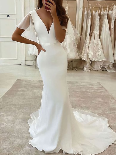 Chiffon V-neck Trumpet/Mermaid Sweep Train Sashes / Ribbons Wedding Dresses #UKM00023825