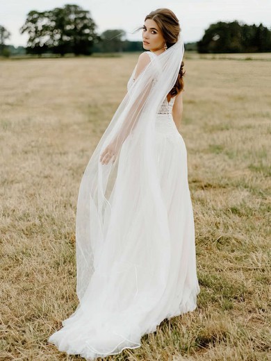 Tulle V-neck A-line Court Train Sashes / Ribbons Wedding Dresses #UKM00023827