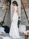Trumpet/Mermaid Scoop Neck Lace Sweep Train Wedding Dresses With Sashes / Ribbons #UKM00023828