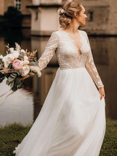 A-line Illusion Lace Chiffon Sweep Train Wedding Dresses #UKM00023831