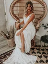 A-line V-neck Lace Sweep Train Wedding Dresses #UKM00023832