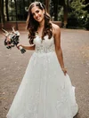 Ball Gown V-neck Tulle Court Train Wedding Dresses With Appliques Lace #UKM00023833
