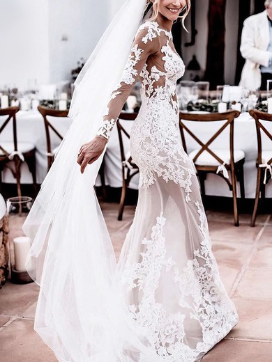 Sheath/Column Illusion Tulle Sweep Train Wedding Dresses With Appliques Lace #UKM00023836