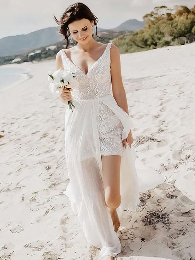 Sheath/Column V-neck Tulle Lace Floor-length Wedding Dresses #UKM00023837