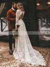 Lace V-neck A-line Sweep Train Sashes / Ribbons Wedding Dresses #UKM00023838