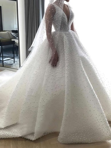 Ball Gown/Princess V-neck Tulle Chapel Train Wedding Dresses With Pearl Detailing #UKM00023841