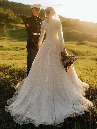 Tulle V-neck A-line Court Train Lace Wedding Dresses #UKM00023842