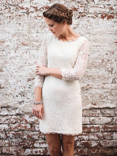 Lace Scalloped Neck Sheath/Column Knee-length Wedding Dresses #UKM00023843