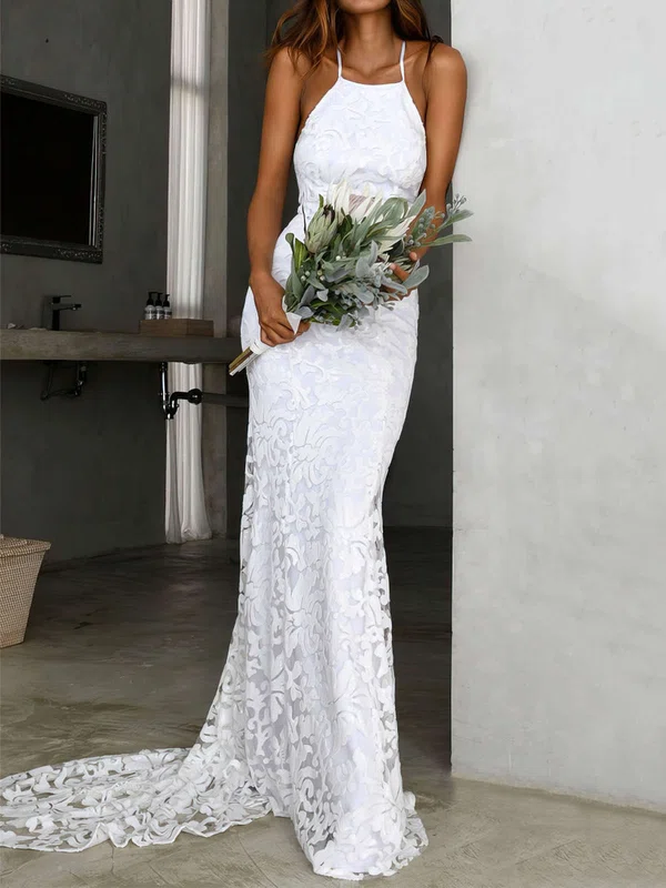 Trumpet/Mermaid Halter Lace Sweep Train Wedding Dresses #UKM00023848