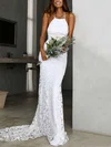 Lace Halter Trumpet/Mermaid Sweep Train Wedding Dresses #UKM00023848