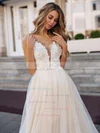 Tulle V-neck A-line Court Train Appliques Lace Wedding Dresses #UKM00023850
