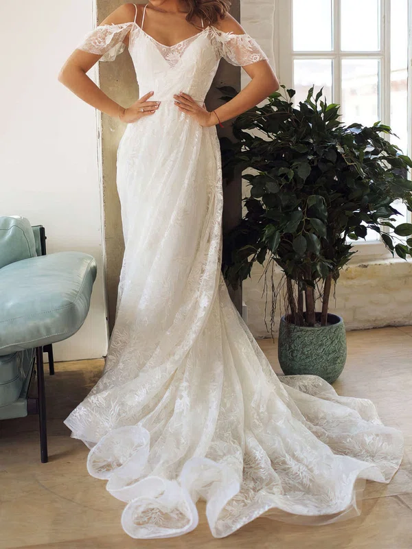 A-line V-neck Lace Sweep Train Wedding Dresses #UKM00023853