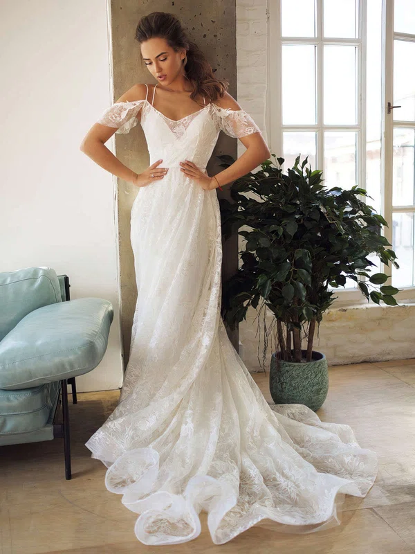 A-line V-neck Lace Sweep Train Wedding Dresses #UKM00023853