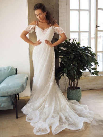 Lace V-neck A-line Sweep Train Wedding Dresses #UKM00023853