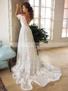 Lace V-neck A-line Sweep Train Wedding Dresses #UKM00023853