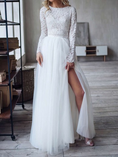 Ball Gown/Princess Scoop Neck Tulle Lace Sweep Train Wedding Dresses With Split Front #UKM00023854