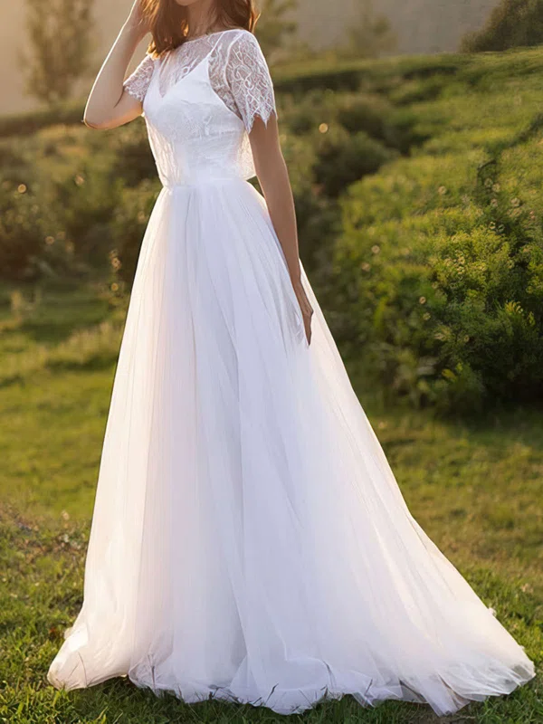 A-line Scoop Neck Tulle Sweep Train Wedding Dresses With Lace #UKM00023855