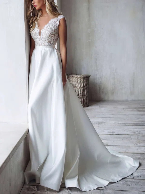 A-line V-neck Satin Sweep Train Wedding Dresses With Appliques Lace #UKM00023856