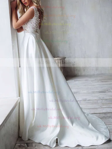 Ball Gown Scoop Neck Tulle Stretch Crepe Sweep Train Wedding Dresses With  Cascading Ruffles 