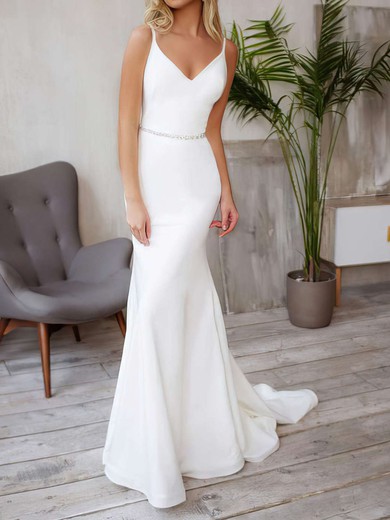 Trumpet/Mermaid V-neck Stretch Crepe Sweep Train Wedding Dresses With Beading #UKM00023857