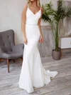 Trumpet/Mermaid V-neck Stretch Crepe Sweep Train Wedding Dresses With Beading #UKM00023857