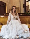 Tulle V-neck Ball Gown Sweep Train Appliques Lace Wedding Dresses #UKM00023859