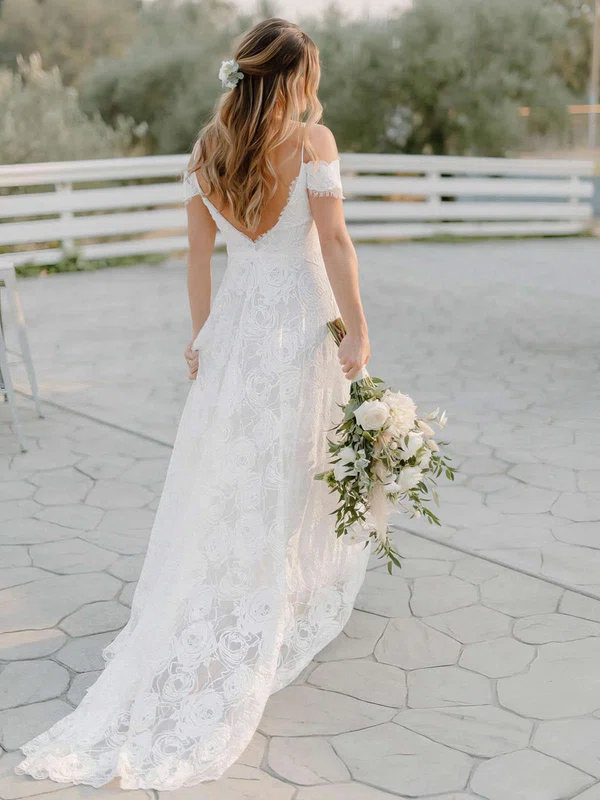 A-line V-neck Lace Sweep Train Wedding Dresses #UKM00023861