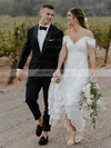 Lace V-neck A-line Sweep Train Wedding Dresses #UKM00023861