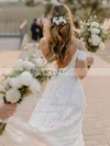 Lace V-neck A-line Sweep Train Wedding Dresses #UKM00023861