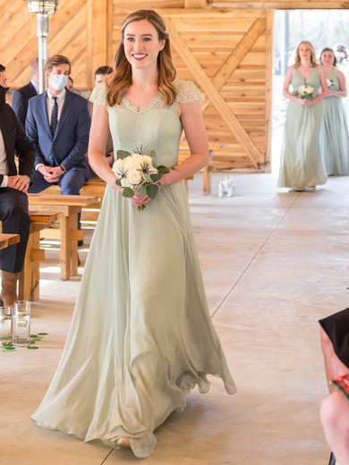 Chiffon V-neck A-line Floor-length Appliques Lace Bridesmaid Dresses #UKM01013774