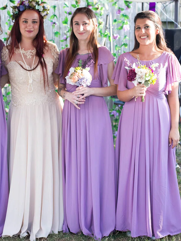 Chiffon Scoop Neck A-line Floor-length Cascading Ruffles Bridesmaid Dresses #UKM01013778