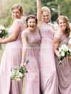 Lace Silk-like Satin Scoop Neck A-line Floor-length Split Front Bridesmaid Dresses #UKM01013789