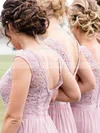 Lace Silk-like Satin Scoop Neck A-line Floor-length Split Front Bridesmaid Dresses #UKM01013789