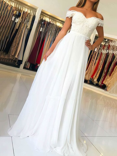 A-line Floor-length Off-the-shoulder Chiffon Beading Prom Dresses #UKM020106467